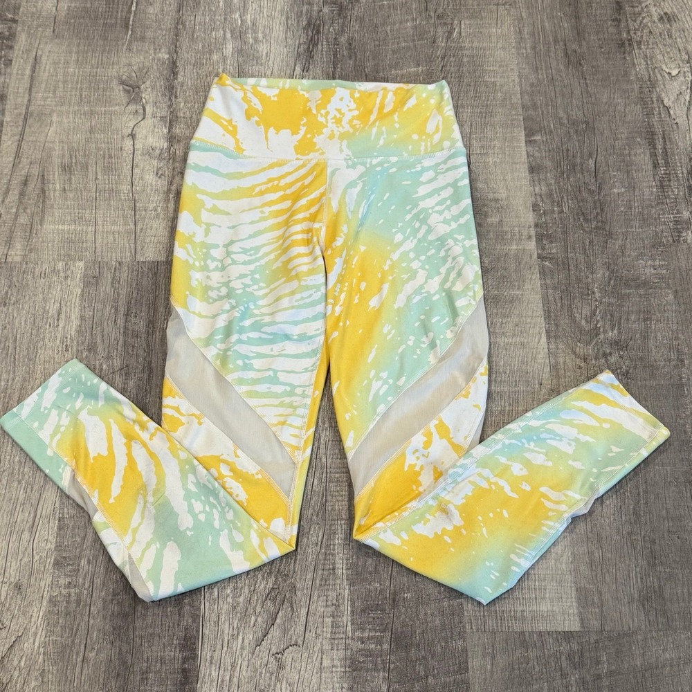 Fabletics High Waisted Mesh Panel Leggings Womens XS Yellow Green Abstract Print